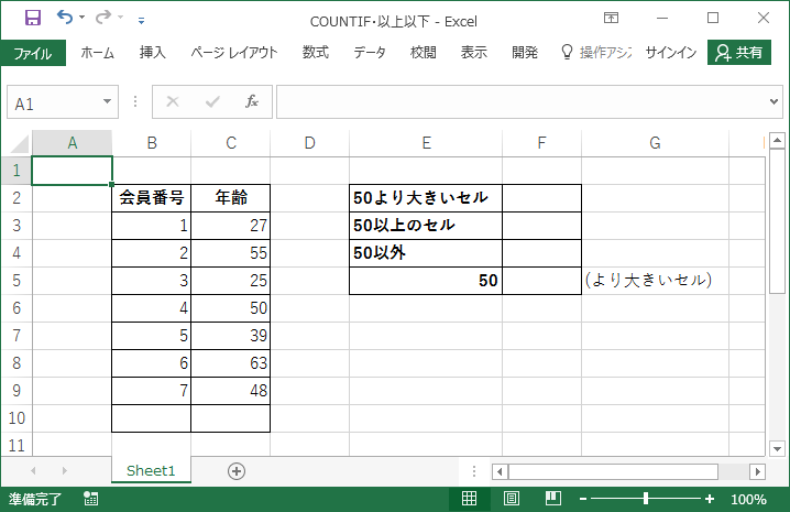 Countif関数で 以上 以下 である数値セルを数える