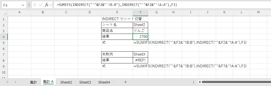 INDIRECTとSUMIFSを組み合わせてシート名を切り替える例