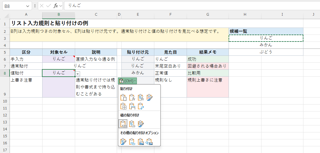 通常の貼り付けと値の貼り付けを比較する例