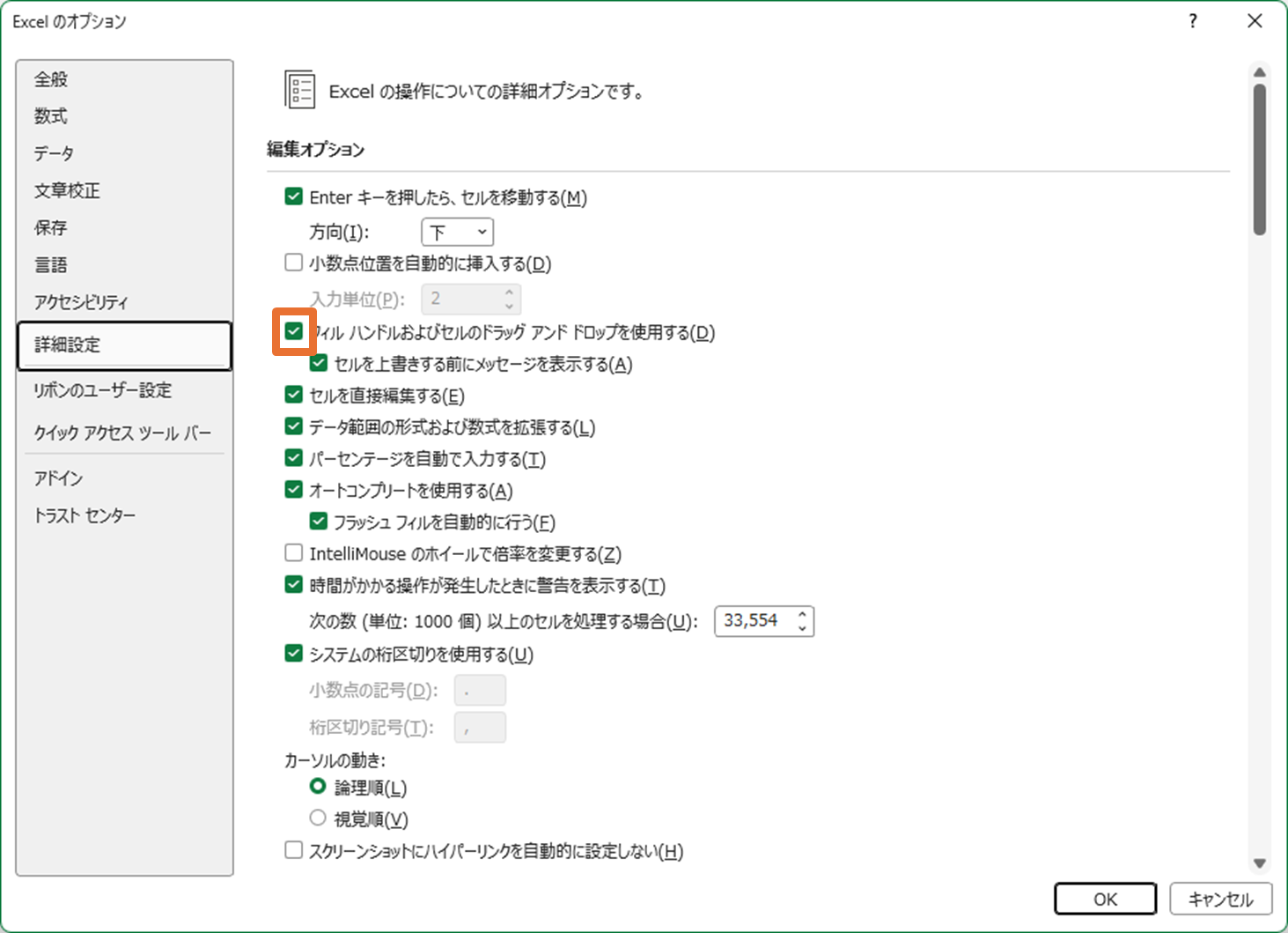 フィルハンドルとドラッグアンドドロップを無効化する設定画面